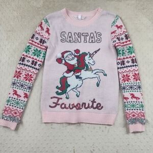Santa's Favorite Unicorn Ugly Christmas Sweater Bells Pink Red Green Size S